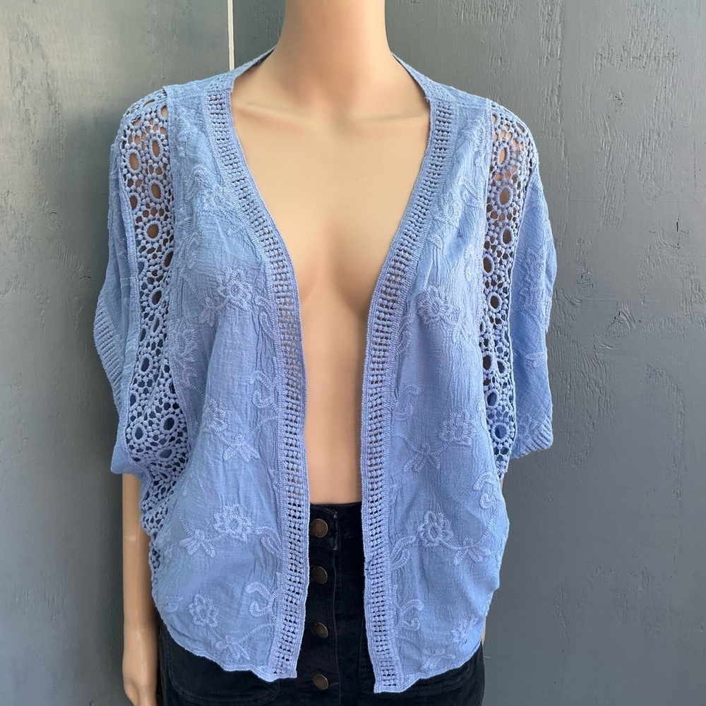 Nine West Women Crochet Lace Light Blue Lace Topper Cardigan Blouse